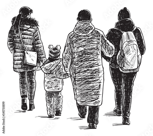 Hand drawing family of casual city dwellers walking together outdoors