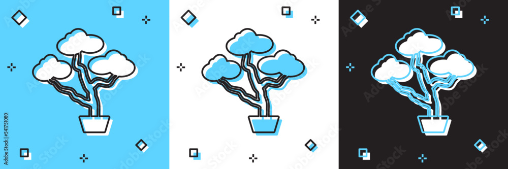 Set Japanese bonsai tree icon isolated on blue and white, black background. Japanese culture, horticulture, olericulture hobby concept. Vector Set Japanese bonsai tree icon isolated on blue and white, black background. Japanese culture, horticulture, olericulture hobby concept. Vector
