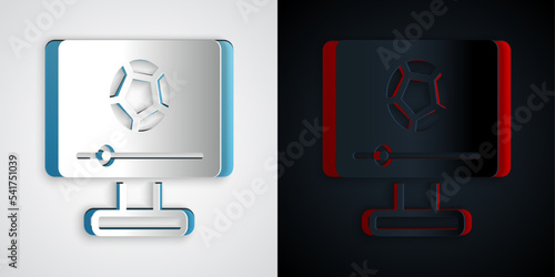 Paper cut Football soccer match on TV icon isolated on grey and black background. Football online concept. Paper art style. Vector