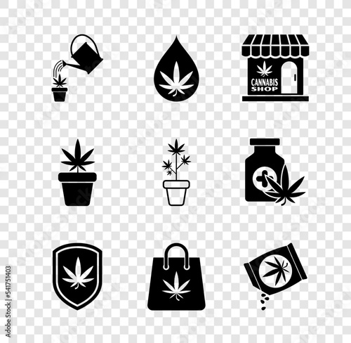 Set Watering can marijuana, Marijuana or cannabis leaf oil, and store, Shield, Shopping bag of, seeds, plant pot and icon. Vector