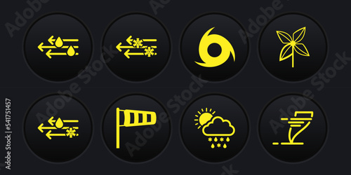 Set Wind and rain with snow, Pinwheel, Cone meteorology windsock wind vane, Cloud rain, sun, Tornado, and icon. Vector