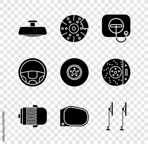 Set Car mirror, brake disk with caliper, Oil filler cap at gas station, Electric engine, Windscreen wiper, Steering wheel and icon. Vector