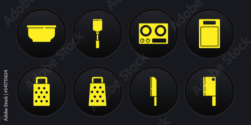Set Grater, Cutting board, Knife, Gas stove, Spatula, Meat chopper and Bowl icon. Vector