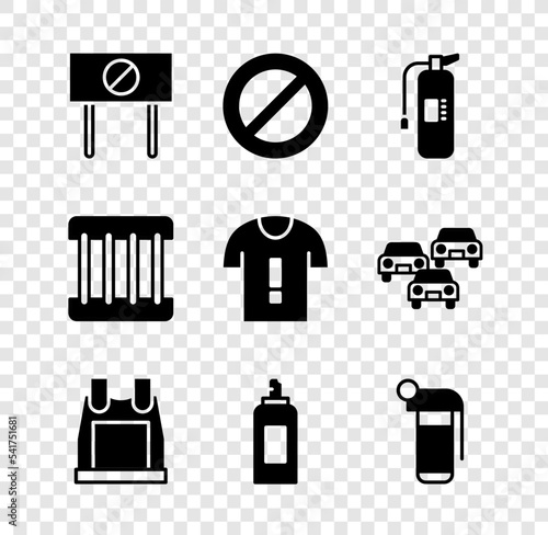 Set Protest, Ban, Fire extinguisher, Bulletproof vest, Paint spray can, Hand grenade, Prison window and T-shirt protest icon. Vector