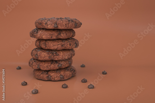 A stack of chocolate cookies with chocolate chips on a brown background, 3d render
