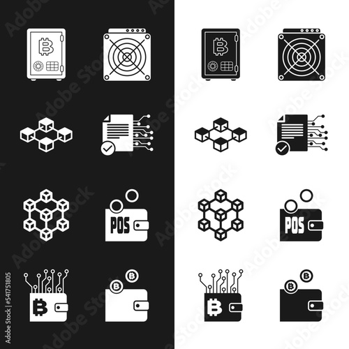 Set Smart contract, Blockchain technology, Proof of stake, ASIC Miner, and icon. Vector