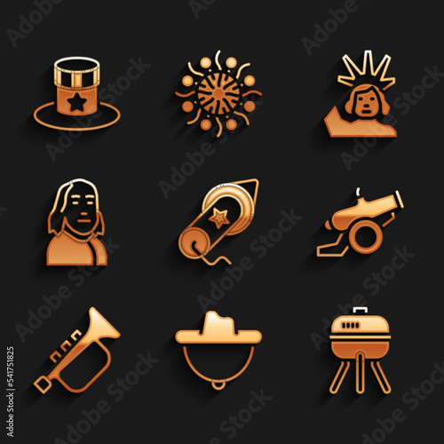 Set Firework, Western cowboy hat, Barbecue grill, Cannon, Trumpet, Benjamin Franklin, Statue of Liberty and Patriotic American top icon. Vector