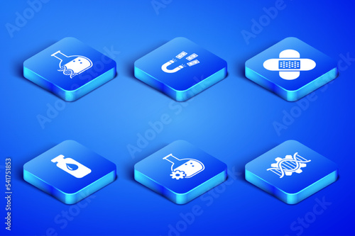 Set Genetic engineering, DNA research, search, Bioengineering, Medical vial, ampoule, Magnet with money and Crossed bandage plaster icon. Vector