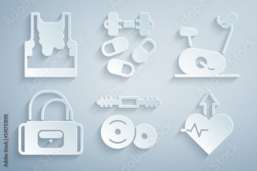 Set Barbell, Stationary bicycle, Sport bag, Heartbeat increase, Sports doping with dumbbell and Sweaty sleeveless t-shirt icon. Vector