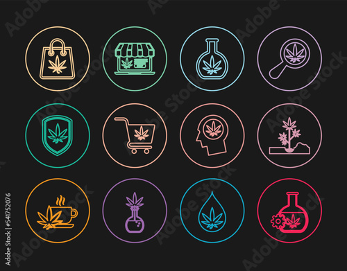 Set line Test tube with marijuana, Planting, Shopping cart, Shield and, bag of, Head profile and Online buying icon. Vector