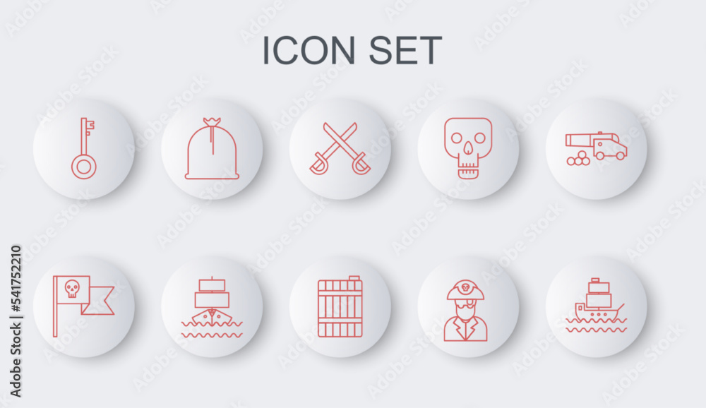 Set line Ship, Pirate flag with skull, Crossed pirate swords, captain, key, sack, and Wooden barrel icon. Vector Set line Ship, Pirate flag with skull, Crossed pirate swords, captain, key, sack, and Wooden barrel icon. Vector