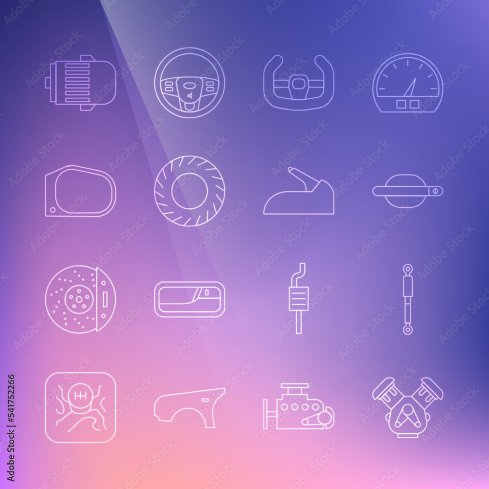 Set line Car engine, Shock absorber, door handle, Sport steering wheel, tire, mirror, Electric and handbrake icon. Vector Set line Car engine, Shock absorber, door handle, Sport steering wheel, tire, mirror, Electric and handbrake icon. Vector