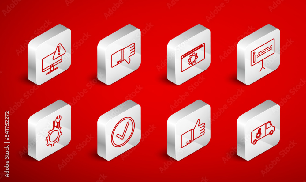 Set line Car service, Dislike, Setting, Information, Hand thumb up, Monitor with exclamation mark, Check circle and Wrench screwdriver gear icon. Vector Set line Car service, Dislike, Setting, Information, Hand thumb up, Monitor with exclamation mark, Check circle and Wrench screwdriver gear icon. Vector