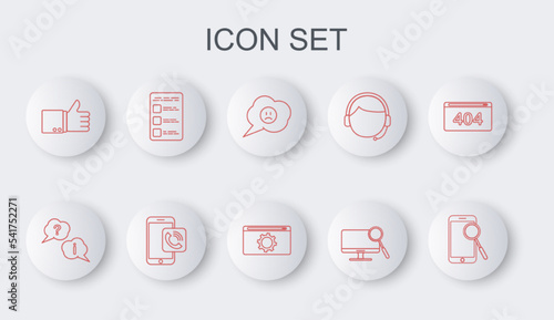Set line Mobile phone diagnostics, Question and Exclamation, Speech bubble with sad smile, Computer monitor, Hand thumb up, Create account screen mobile, call and Setting icon. Vector