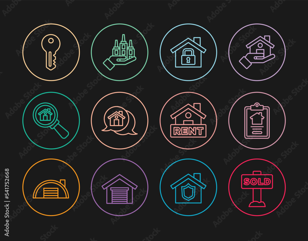 Set line Hanging sign with text Sold, House contract, under protection, Real estate message house, Search, key, Rent and Skyscraper icon. Vector Set line Hanging sign with text Sold, House contract, under protection, Real estate message house, Search, key, Rent and Skyscraper icon. Vector