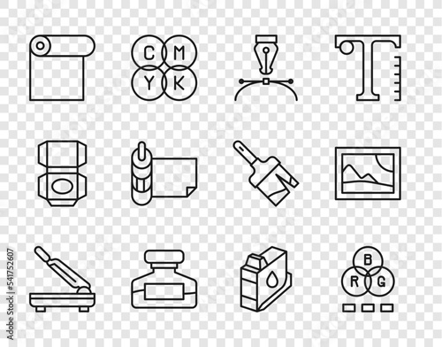 Set line Paper cutter, RGB color mixing, Fountain pen nib, Ink bottle, Roll of paper, Printer ink cartridge and Picture landscape icon. Vector