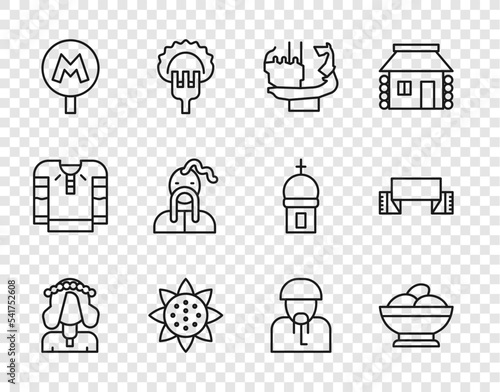 Set line Ukrainian woman, Varenyky bowl, Monument to founders of Kiev, Sunflower, Metro or Underground, cossack, and Embroidered towel icon. Vector