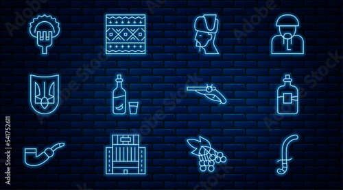 Set line Medieval sword, Bottle of vodka, Ukrainian cossack, Vodka with pepper and glass, trident, Dumplings on fork, Vintage pistols and ethnic pattern icon. Vector