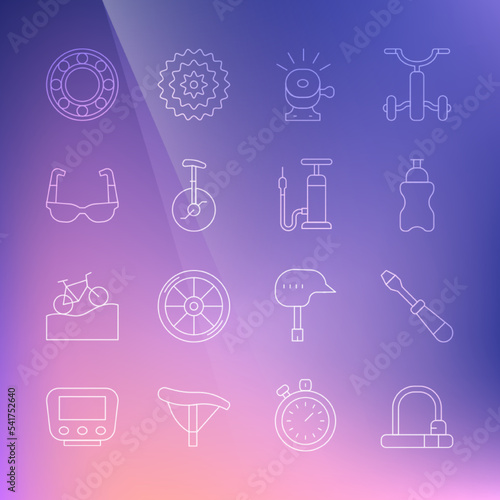 Set line Bicycle lock, Screwdriver, Sport bottle with water, bell, Unicycle one wheel bicycle, cycling sunglasses, ball bearing and air pump icon. Vector