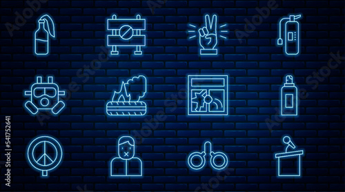 Set line Stage stand or tribune, Paint spray can, Hand showing two finger, Lying burning tires, Gas mask, Cocktail molotov, Broken window and Road barrier icon. Vector