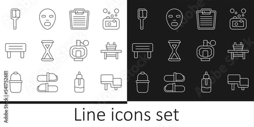Set line Sauna wood bench, with bucket, Bathroom scales, hourglass, brush, Aftershave and Facial cosmetic mask icon. Vector