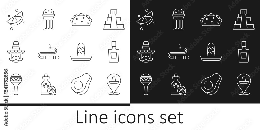 Set line Mexican sombrero, Tequila bottle, Taco with tortilla, Cigar, man, Sliced lime, and Salt icon. Vector