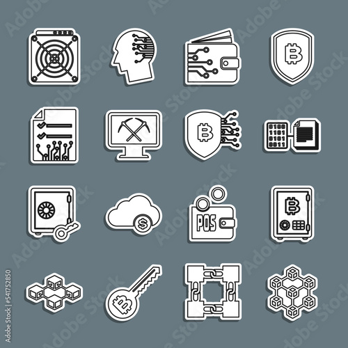 Set line Blockchain technology, Proof of stake, Smart contract, Cryptocurrency wallet, Mining with monitor and pickaxe, ASIC Miner and Shield bitcoin icon. Vector