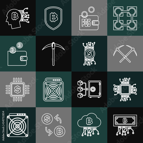 Set line Cryptocurrency bitcoin with circuit, Processor, Crossed pickaxe, Proof of stake, Pickaxe, wallet, Bitcoin think and icon. Vector