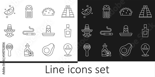 Set line Mexican sombrero, Tequila bottle, Taco with tortilla, Cigar, man, Sliced lime, and Salt icon. Vector