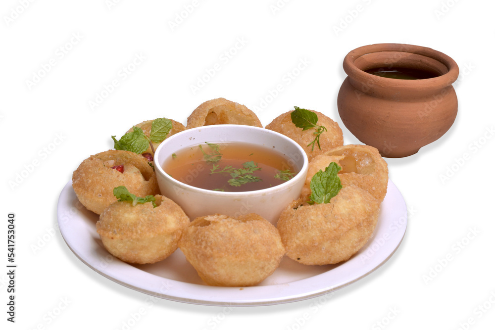 Delicious north and south indian street food pani puri gol gappa with tamarind water served in white plate and mud pot with potato and chickpeas with transparent background - obrazy, fototapety, plakaty 