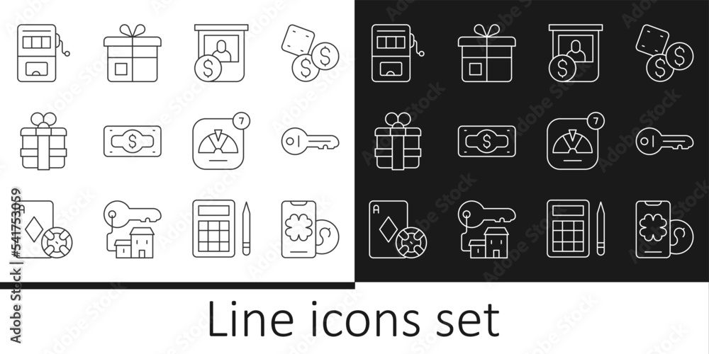 Set line Online poker table game, Old key, Casino chips exchange, Stacks paper money cash, Gift box, Slot machine, Lucky wheel and icon. Vector Set line Online poker table game, Old key, Casino chips exchange, Stacks paper money cash, Gift box, Slot machine, Lucky wheel and icon. Vector