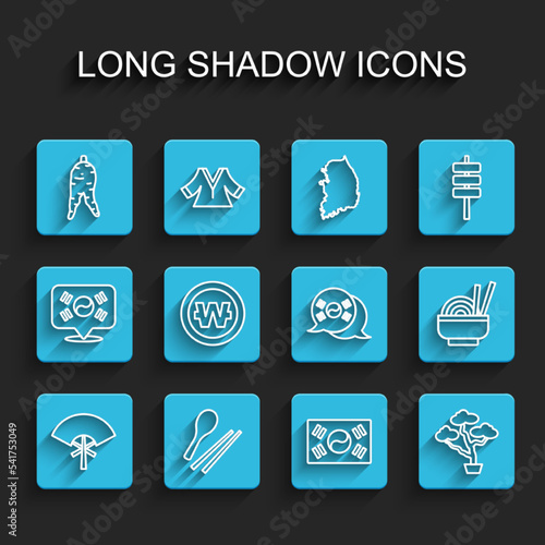 Set line Traditional fan, Food chopsticks, Ginseng root, South Korea flag, Bonsai tree, Korean won coin, Asian noodles bowl and icon. Vector