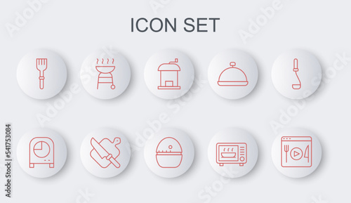 Set line Cooking live streaming, Kitchen timer, Manual coffee grinder, Microwave oven, Fork, Barbecue grill, Cutting board and knife and icon. Vector