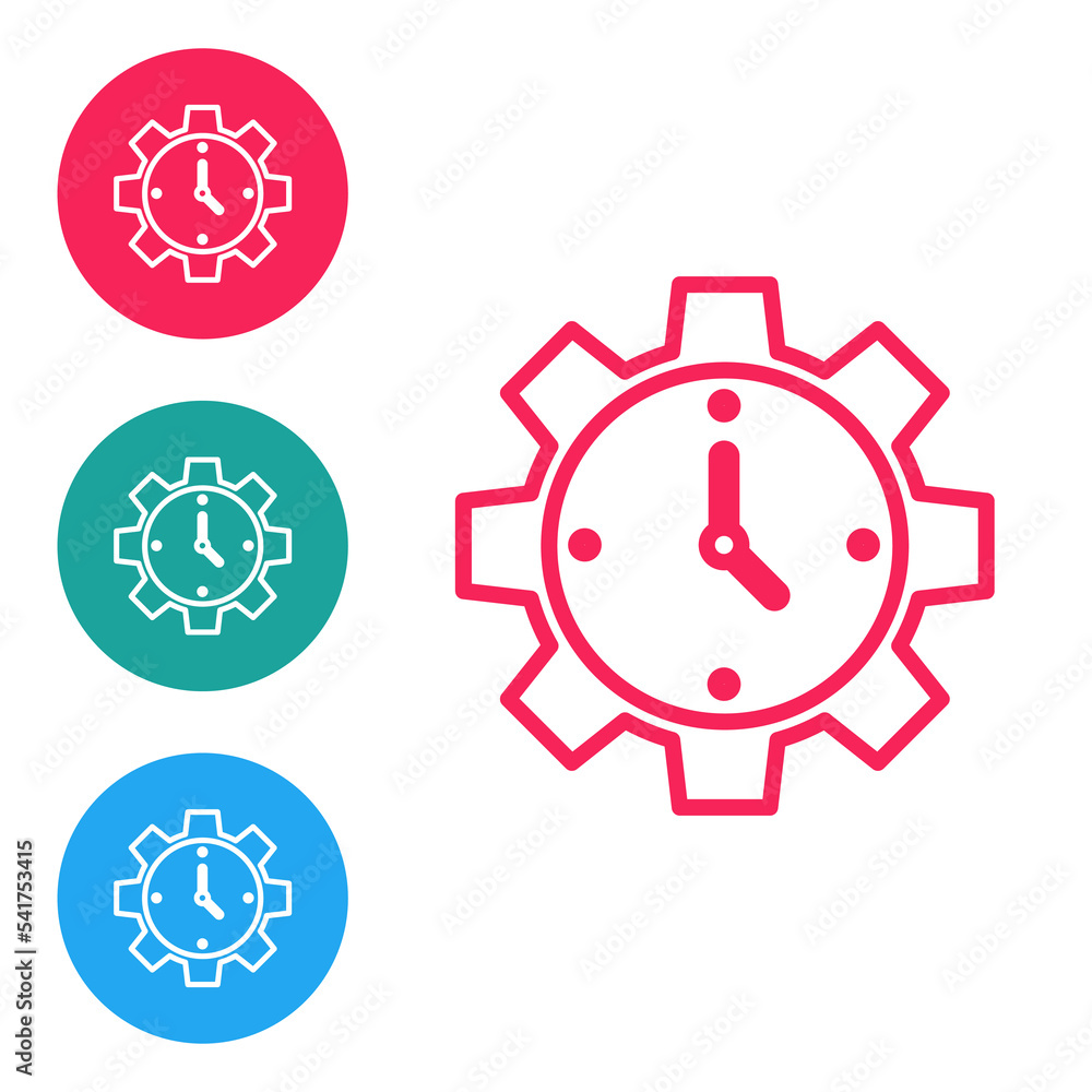 Red line Time Management icon isolated on white background. Clock and gear sign. Productivity symbol. Set icons in circle buttons. Vector Red line Time Management icon isolated on white background. Clock and gear sign. Productivity symbol. Set icons in circle buttons. Vector