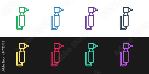 Set line Tooth drill icon isolated on black and white background. Dental handpiece for drilling and grinding tools. Vector