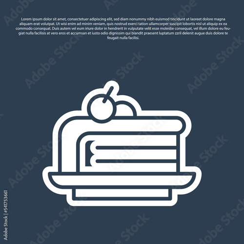 Blue line Piece of cake icon isolated on blue background. Happy Birthday. Vector