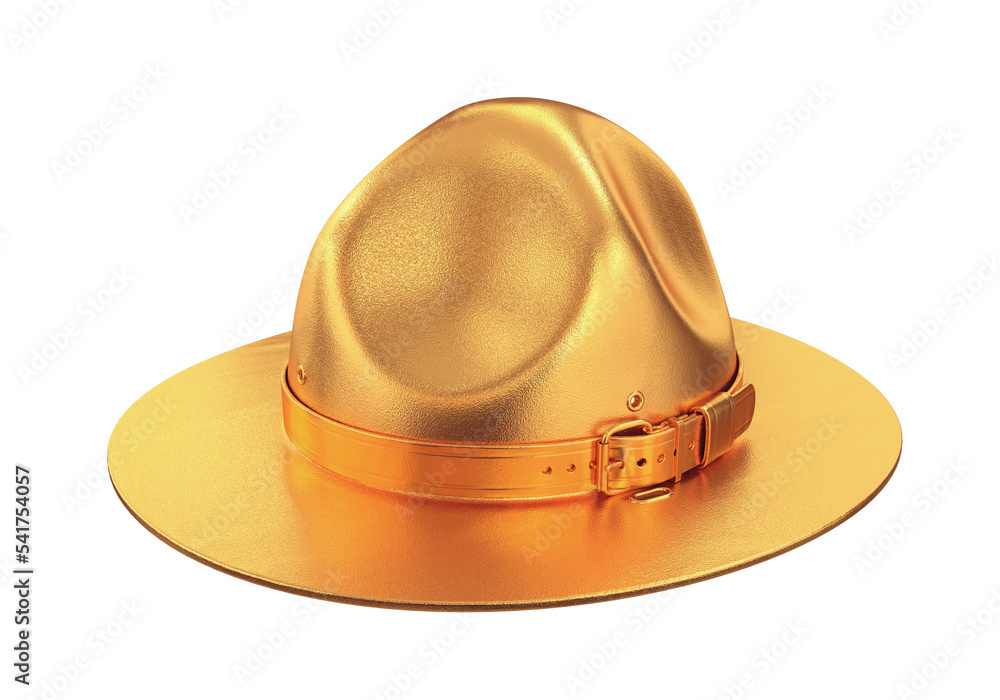Scout hat, Ranger hat, gold campaign hat with leather belt, 3d render