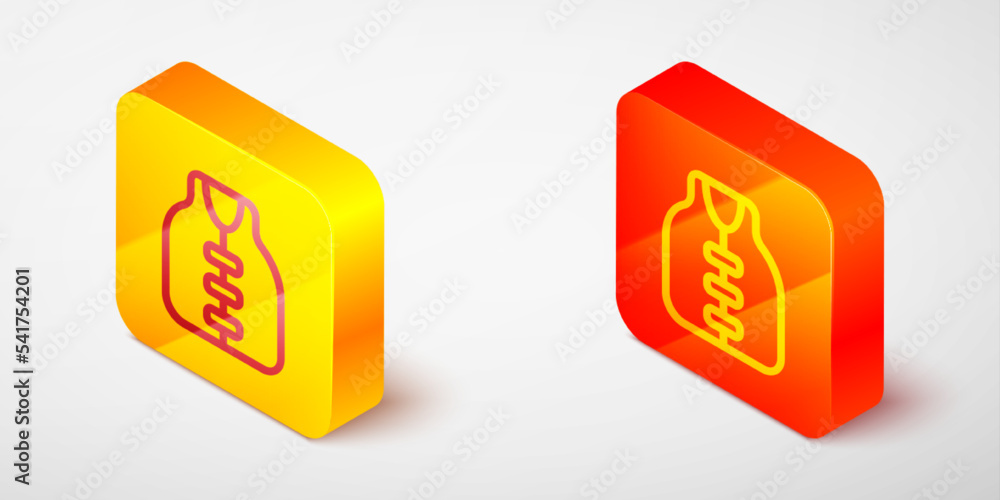 Isometric line Life jacket icon isolated on grey background. Life vest icon. Extreme sport. Sport equipment. Yellow and orange square button. Vector Isometric line Life jacket icon isolated on grey background. Life vest icon. Extreme sport. Sport equipment. Yellow and orange square button. Vector