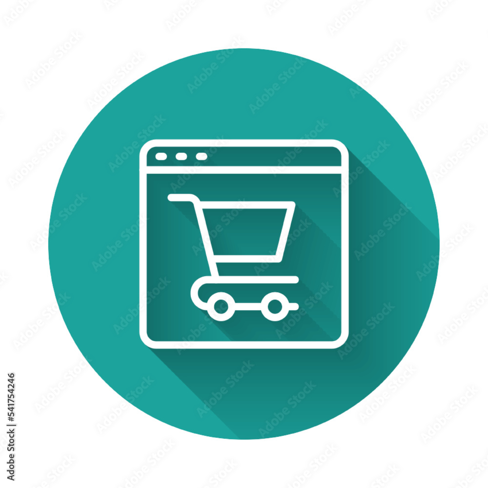 White line Online shopping on screen icon isolated with long shadow background. Concept e-commerce, e-business, online business marketing. Green circle button. Vector White line Online shopping on screen icon isolated with long shadow background. Concept e-commerce, e-business, online business marketing. Green circle button. Vector