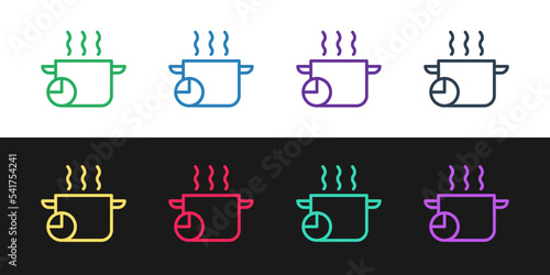 Set line Cooking pot and kitchen timer icon isolated on black and white background. Boil or stew food symbol. Vector