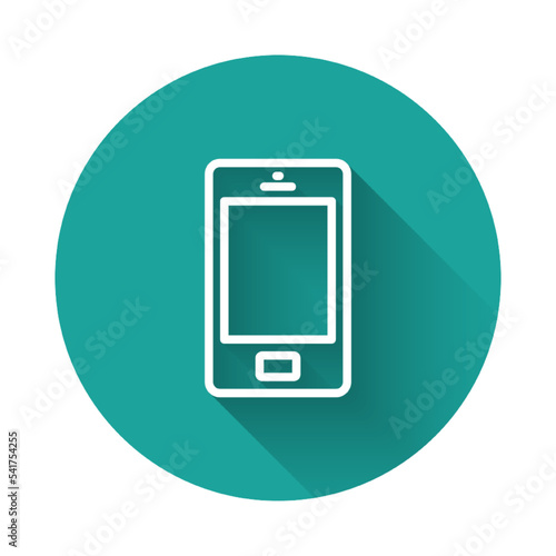 White line Smartphone, mobile phone icon isolated with long shadow background. Green circle button. Vector