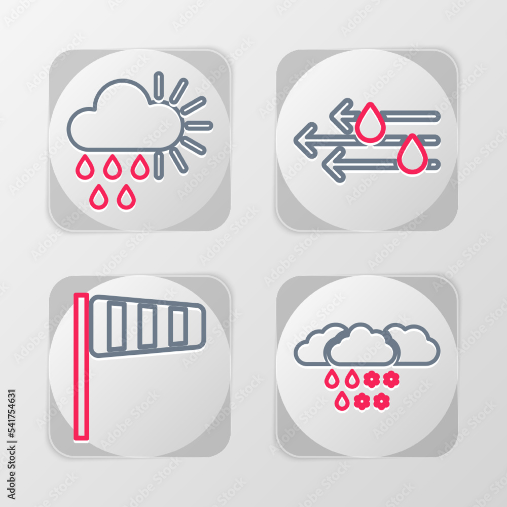 Set line Cloud with snow and rain, Cone windsock wind vane, Wind and Cloudy sun icon. Vector Set line Cloud with snow and rain, Cone windsock wind vane, Wind and Cloudy sun icon. Vector