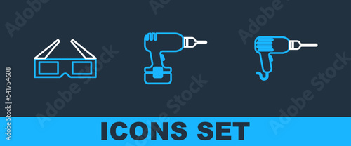 Set line Drill machine, 3D cinema glasses and icon. Vector