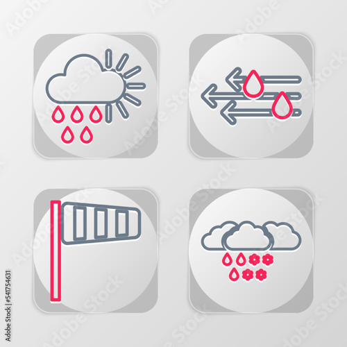 Set line Cloud with snow and rain, Cone windsock wind vane, Wind and Cloudy sun icon. Vector