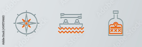Set line Alcohol drink Rum bottle, Wind rose and Boat with oars icon. Vector