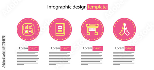 Set line Japan Gate, Hands in praying position, Jewish torah book and Jainism icon. Vector