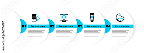 Set line Cookies with marijuana, Medical cream, Monitor and or cannabis and bottle icon. Vector