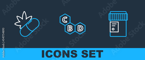 Set line Medical bottle with cannabis, pills marijuana and Cannabis molecule icon. Vector