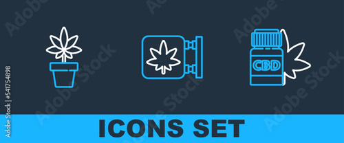 Set line Medical bottle with marijuana, Marijuana or cannabis plant and and store icon. Vector