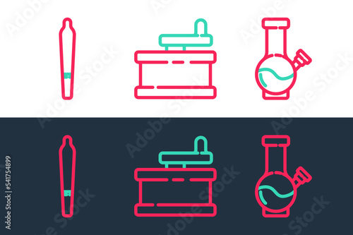 Set line Glass bong for smoking marijuana, Marijuana joint and Manual grinder icon. Vector